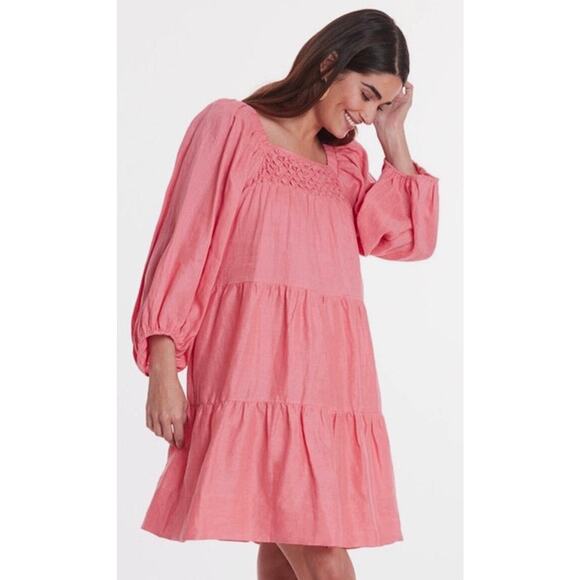 Tyler Boe Dresses & Skirts - Tyler Boe Ansley Linen Mini Puff Sleeve Tiered Dress Coral Pink Small Beachy